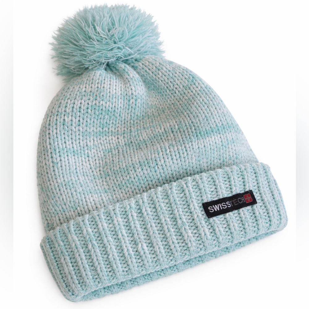 Swiss Tech Beanie hat aqua flannel lined knit pom pom